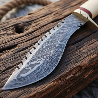 A close-up of a fixed-blade knife with a patterned Damascus steel blade and a cream-colored handle, resting on a rustic wooden surface.