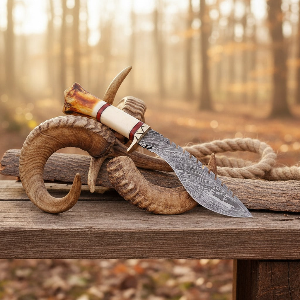 A custom fixed-blade knife with a patterned Damascus steel blade, a cream-colored bone handle, and a reddish-brown grip, displayed on a rustic wooden log with a coiled rope and antler horns against a blurred autumn forest background.