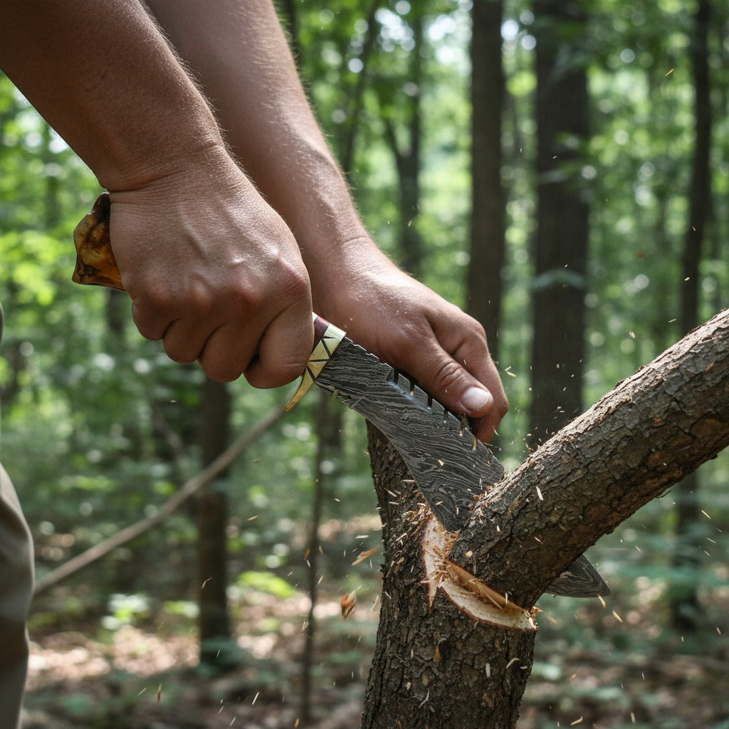 A close-up action shot of a person's hands using a large machete to cut a tree branch in a forest. The machete has a textured gray blade with a black and white wavy pattern, a light-colored handle, and a yellow accent near the guard.