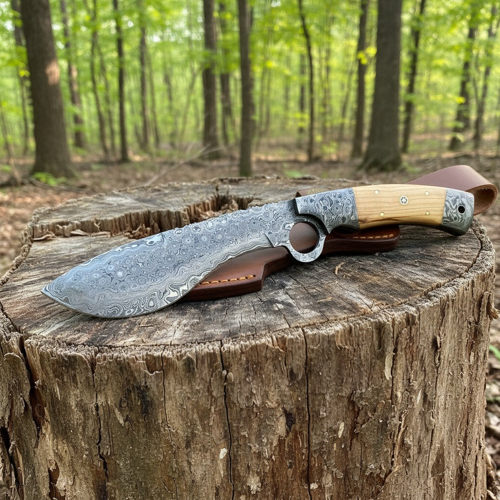  custom Damascus steel fixed-blade knife with a light wood handle and brown leather sheath, displayed on a rustic tree stump in a forest setting.
