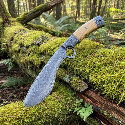 custom fixed-blade knife with a patterned Damascus steel blade and a light wood handle, resting on a moss-covered log in a forest setting.