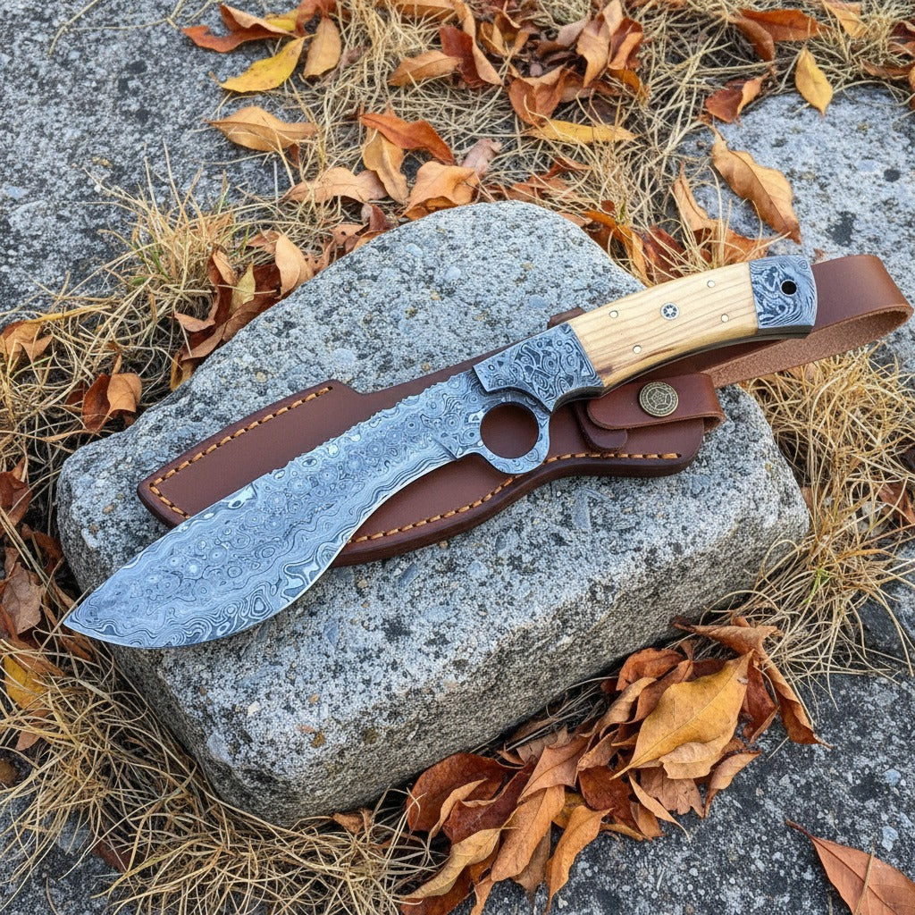 Damascus steel folding knife with a patterned steel blade and a light wood handle, resting on a brown leather sheath atop a gray stone outdoors, surrounded by dry autumn leaves.