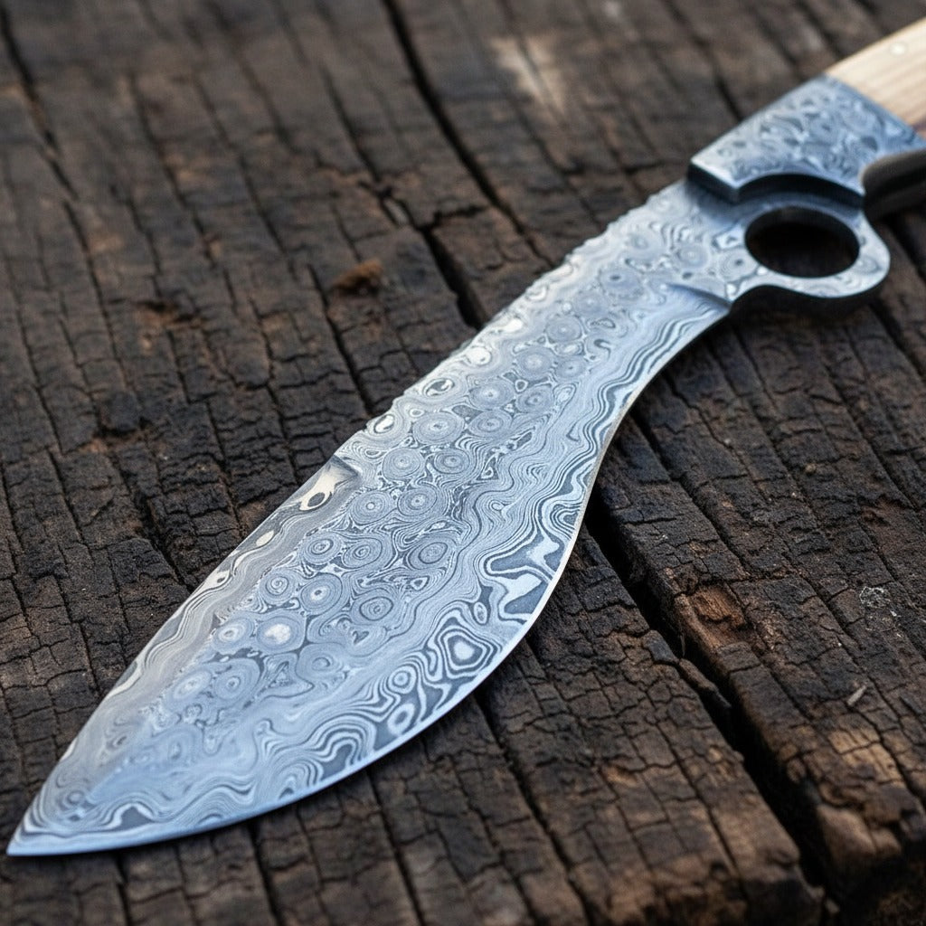 close-up of a Damascus steel knife with a wavy, patterned blade and a light-colored wooden handle, resting on a rustic, weathered dark wood surface.