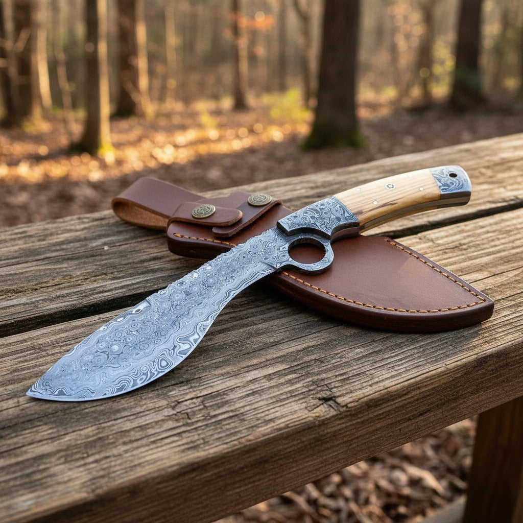 A fixed-blade knife with a patterned steel blade, a light wood handle, and a silver metal guard, displayed on a brown leather sheath on a rustic wooden bench with a blurred forest background.