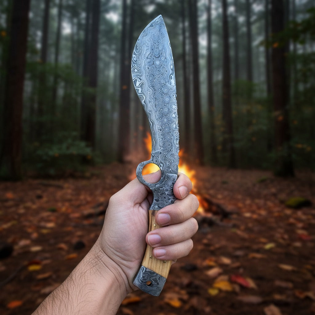 hand holds a custom Damascus steel fixed-blade knife in front of a blurred forest background with a campfire.