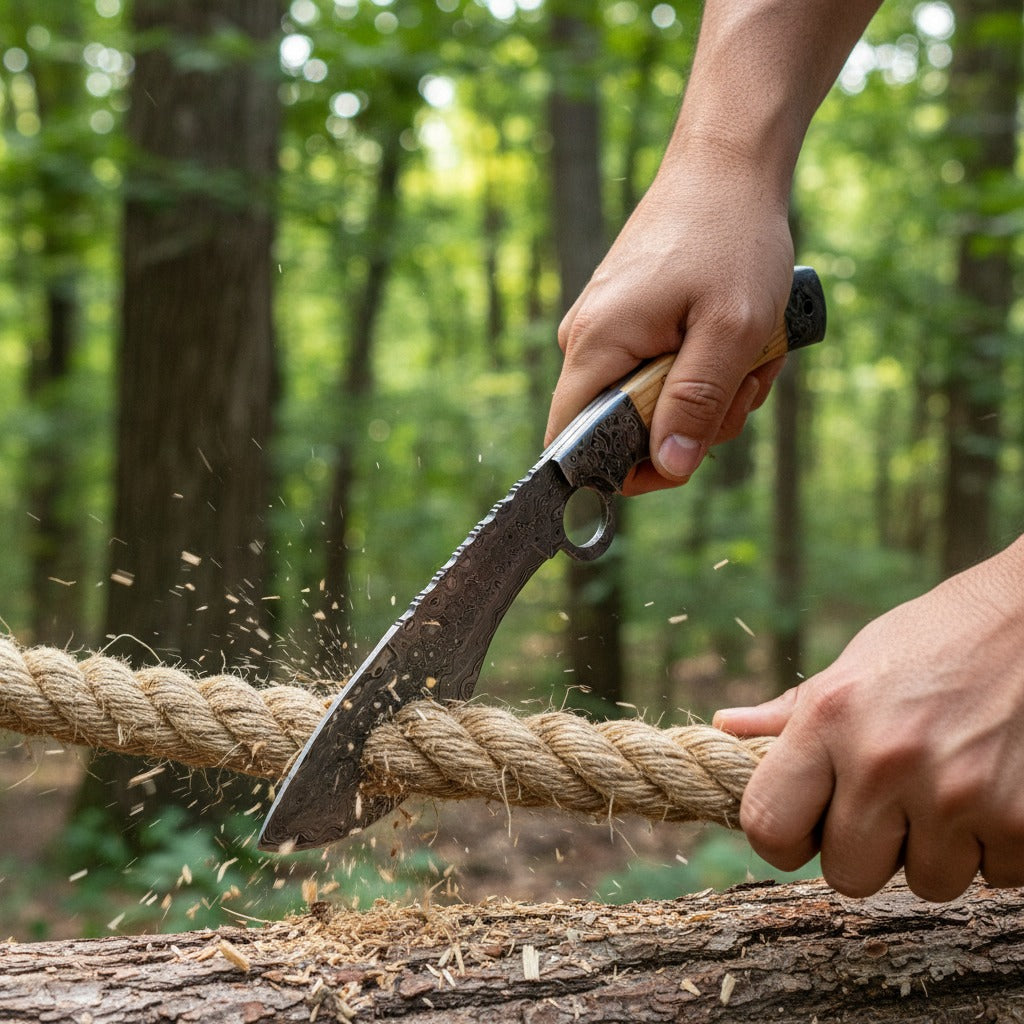 close-up action shot of a person's hands using a large machete to cut through a thick rope on a log in a forest setting.