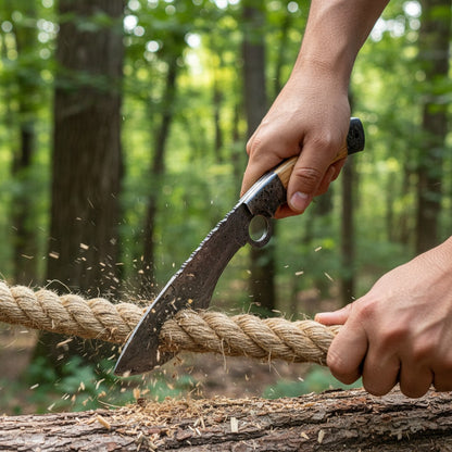 close-up action shot of a person's hands using a large machete to cut through a thick rope on a log in a forest setting.