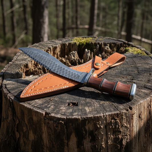 fixed-blade knife with a hammered dark gray blade and a reddish-brown wooden handle, resting on a tan leather sheath atop a tree stump in a forest setting.