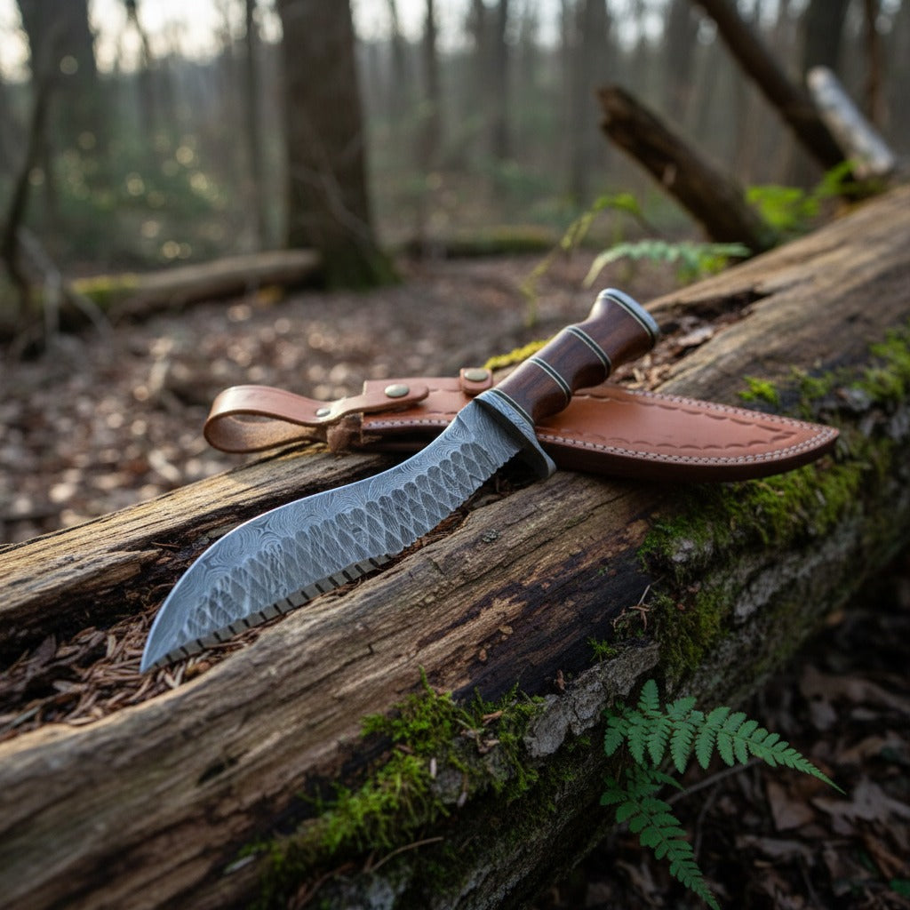 fixed-blade knife with a hammered steel blade and brown leather sheath rests on a mossy log in a forest setting.