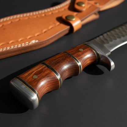 close-up of a fixed-blade knife with a dark wood handle and satin-finished steel blade, shown next to a tan leather sheath on a dark surface.