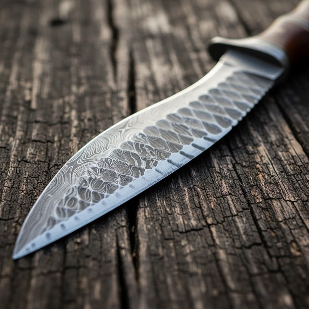 close-up of a Damascus steel knife with a distinctive wavy patterned blade, resting diagonally on a textured, weathered dark wood surface.