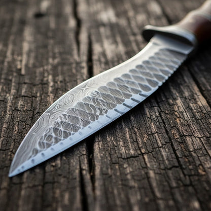 close-up of a Damascus steel knife with a distinctive wavy patterned blade, resting diagonally on a textured, weathered dark wood surface.