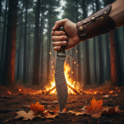  close-up of a hand gripping a large fixed-blade knife with a textured, scale-patterned blade, set against a blurred forest background with a campfire and autumn leaves on the ground.