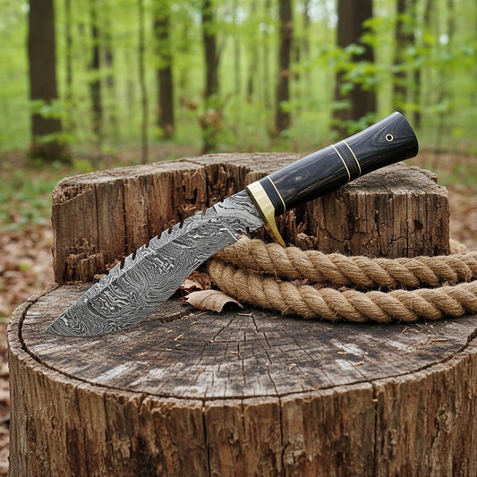 custom hand-forged knife with a patterned Damascus steel blade and a dark wood handle, displayed on a rustic tree stump with a coiled rope in a forest setting.