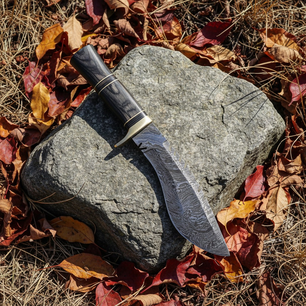 custom fixed-blade knife with a patterned Damascus steel blade and a dark wood handle, resting diagonally on a gray stone surrounded by dry autumn leaves and grass.