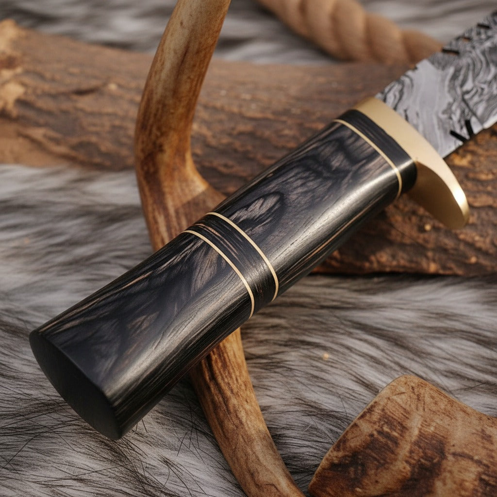  close-up of a knife with a dark wood handle, patterned steel blade, and gold-toned guard, resting on a fur surface with antlers and wood logs as props.