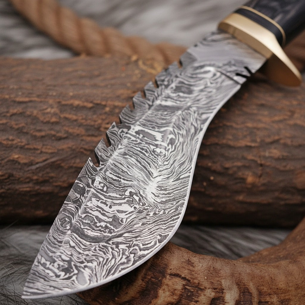 close-up of a decorative fixed-blade knife with a Damascus steel pattern blade, resting on a rustic log with a rope in the background.