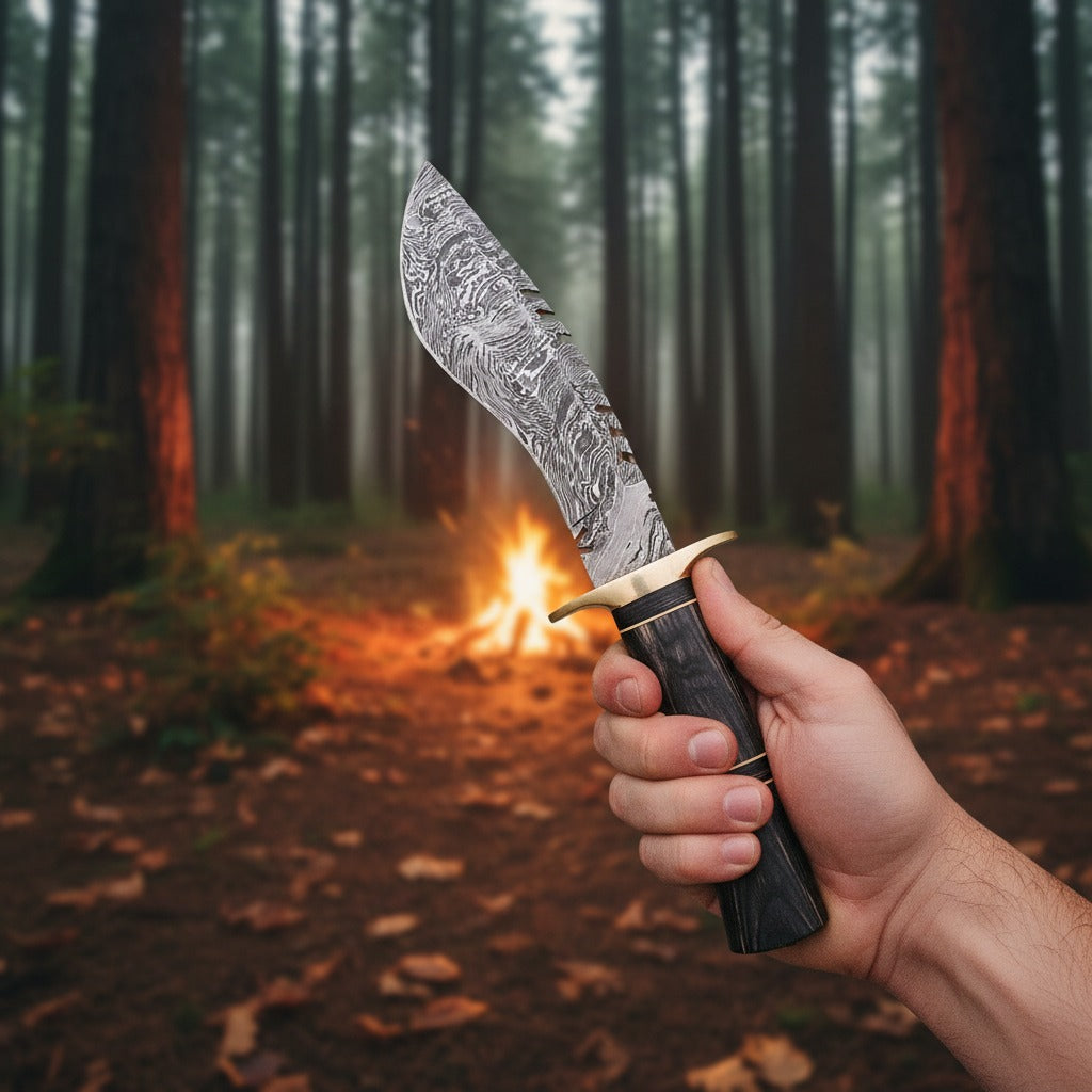 hand holding a fixed-blade knife with a patterned steel blade, brass guard, and textured black handle, set against a blurred forest background with a campfire.