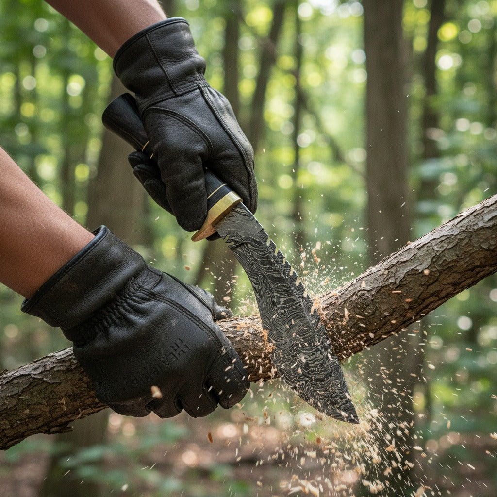 close-up action shot of a person wearing black leather work gloves using a large machete to cut through a tree branch in a forest. Wood chips are flying in the air against a blurred green woodland background.
