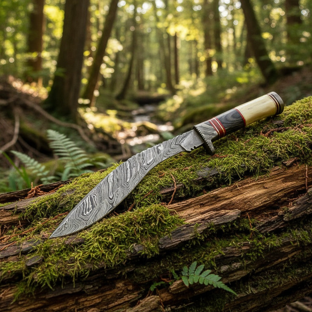 Handmade Damascus Kukri Knife with Wood & Camel Bone Handle – HS-883