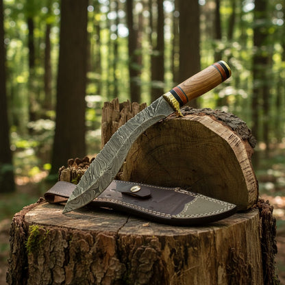 A large fixed-blade knife with a patterned steel blade, a wooden handle, and brass guard rests on a cut tree stump in a forest setting, with a dark brown leather sheath beside it.