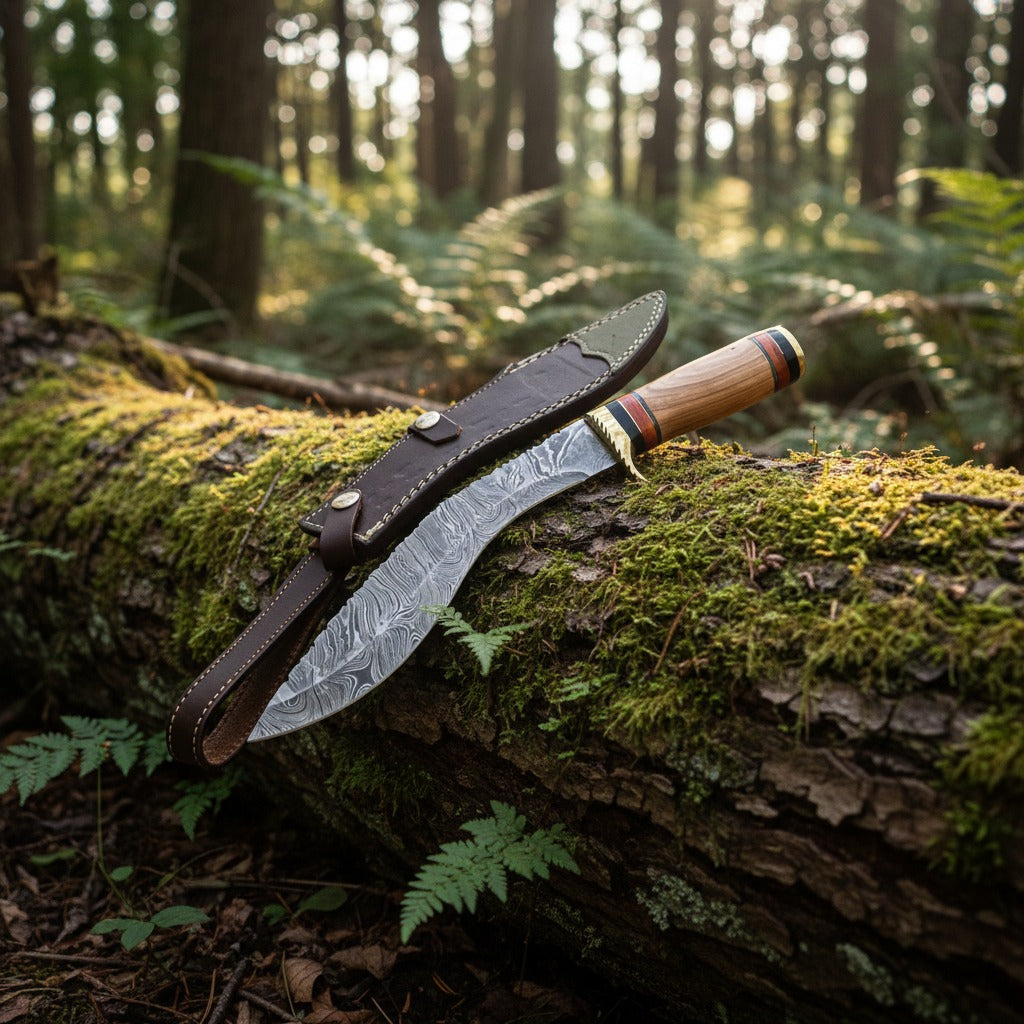 fixed-blade knife with a patterned steel blade and a light wood handle rests on a mossy log in a forest, with its dark brown leather sheath beside it.