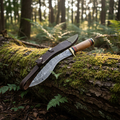 fixed-blade knife with a patterned steel blade and a light wood handle rests on a mossy log in a forest, with its dark brown leather sheath beside it.