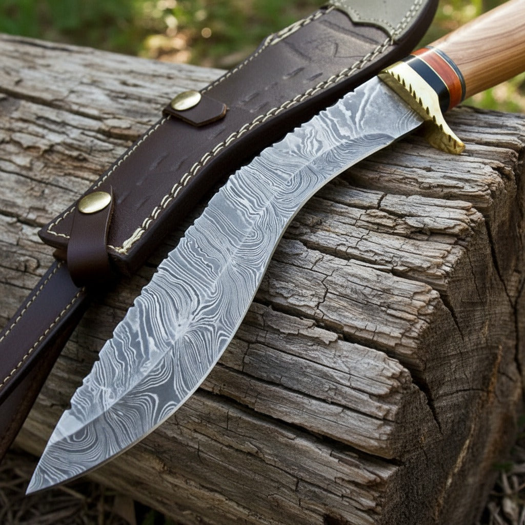 curved fixed-blade knife with a patterned Damascus-style steel blade, a light wood handle with brass and striped accents, resting on a weathered log next to a brown leather sheath.
