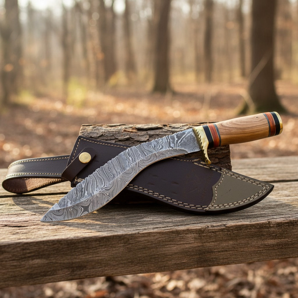  Damascus steel fixed-blade knife with a patterned steel blade, a light wood handle with colorful stripes, and a brass bolster, resting on a dark brown leather sheath over a log in an outdoor forest setting.