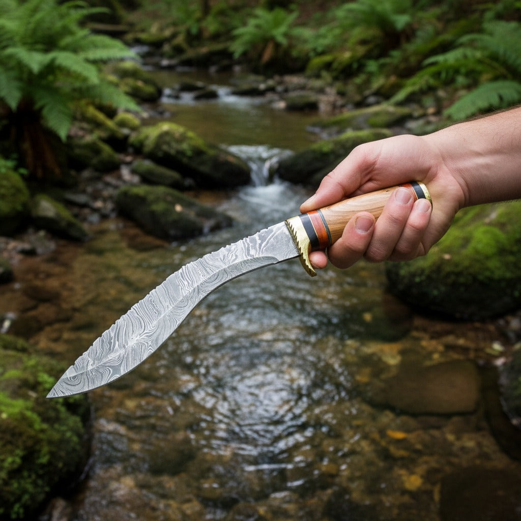 hand holding a curved fixed-blade knife with a patterned steel blade and a light wood handle, set against a natural background of a flowing stream and green ferns.