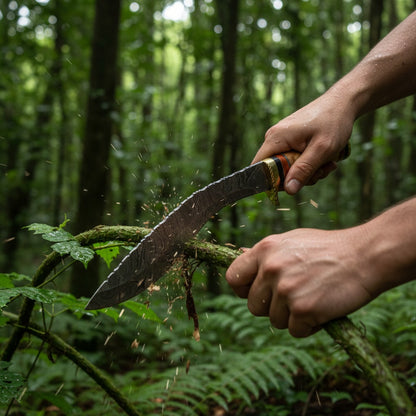 close-up action shot of a person's hands using a large machete to chop down a mossy branch in a dense, green forest.