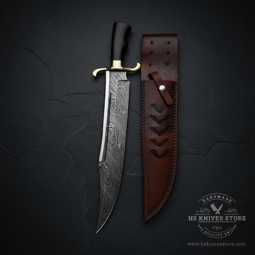 Vertical luxury shot of Damascus steel large Bowie knife on dark slate background with chevron leather sheath