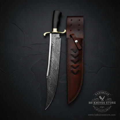 Vertical luxury shot of Damascus steel large Bowie knife on dark slate background with chevron leather sheath