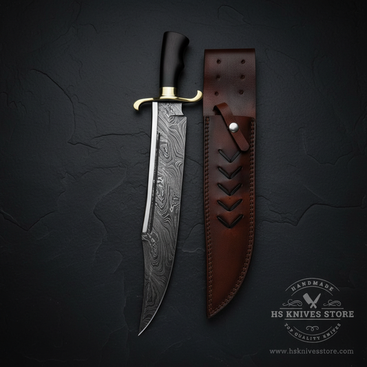 Vertical luxury shot of Damascus steel large Bowie knife on dark slate background with chevron leather sheath