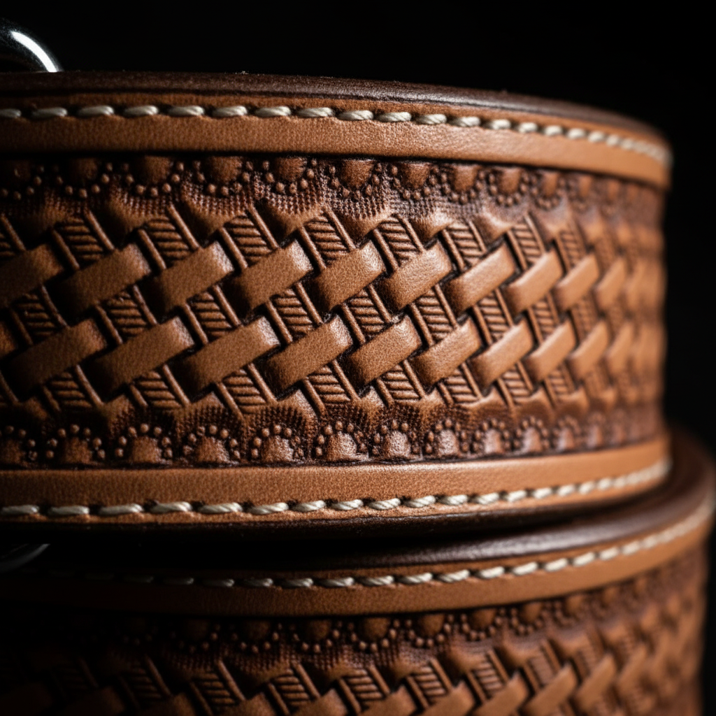 Basket weave hand-tooled tan leather engraving macro close-up white stitching western belt