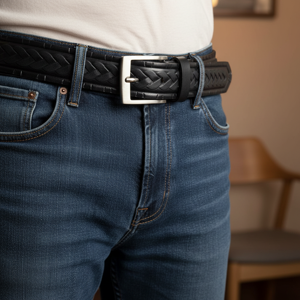Hand-tooled black leather western belt worn through dark denim jeans belt loops lifestyle shot