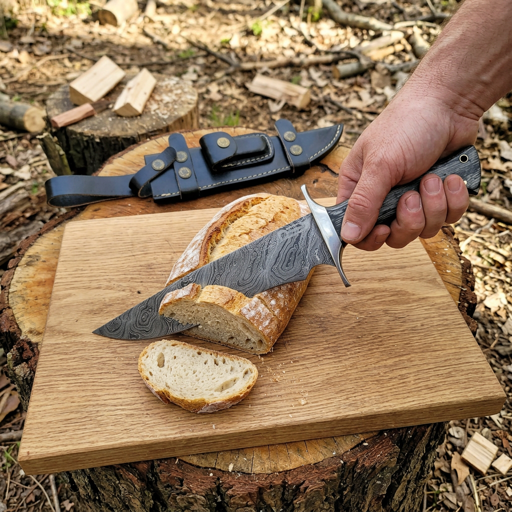 Adult slicing camp bread on a wooden cutting board with Damascus Bowie