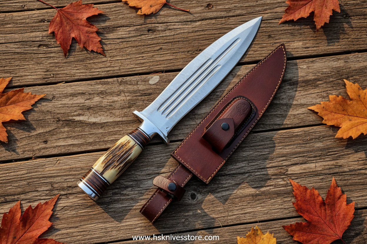 Handmade Bowie knife with leather sheath flat lay on rustic wood with leaves www.hsknivesstore.com