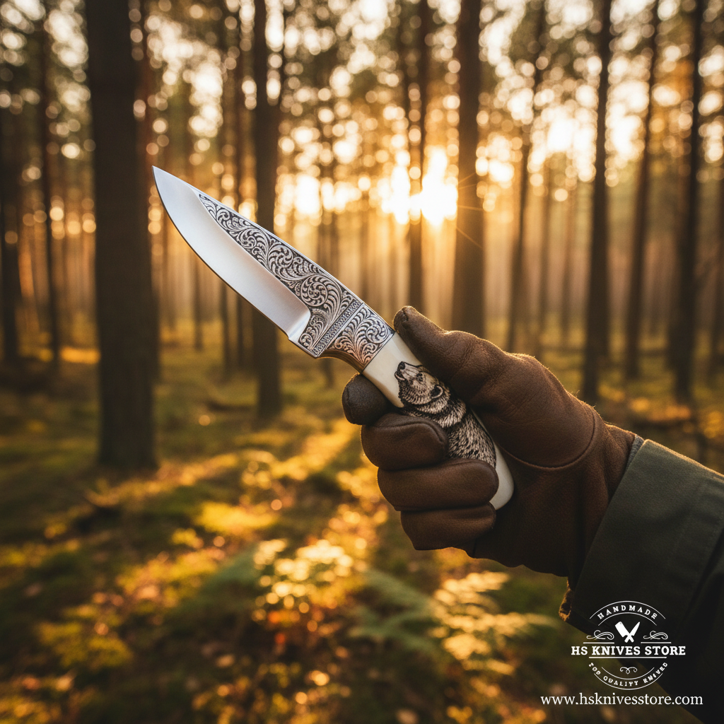 One hand gripping D2 steel engraved skinner knife with bear white resin handle in outdoor forest golden hour lifestyle shot