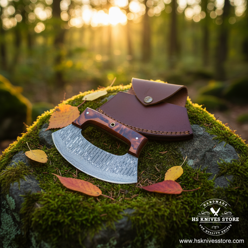 Damascus steel ulu knife with tortoiseshell resin handle and burgundy crescent leather sheath on mossy rocks in forest setting