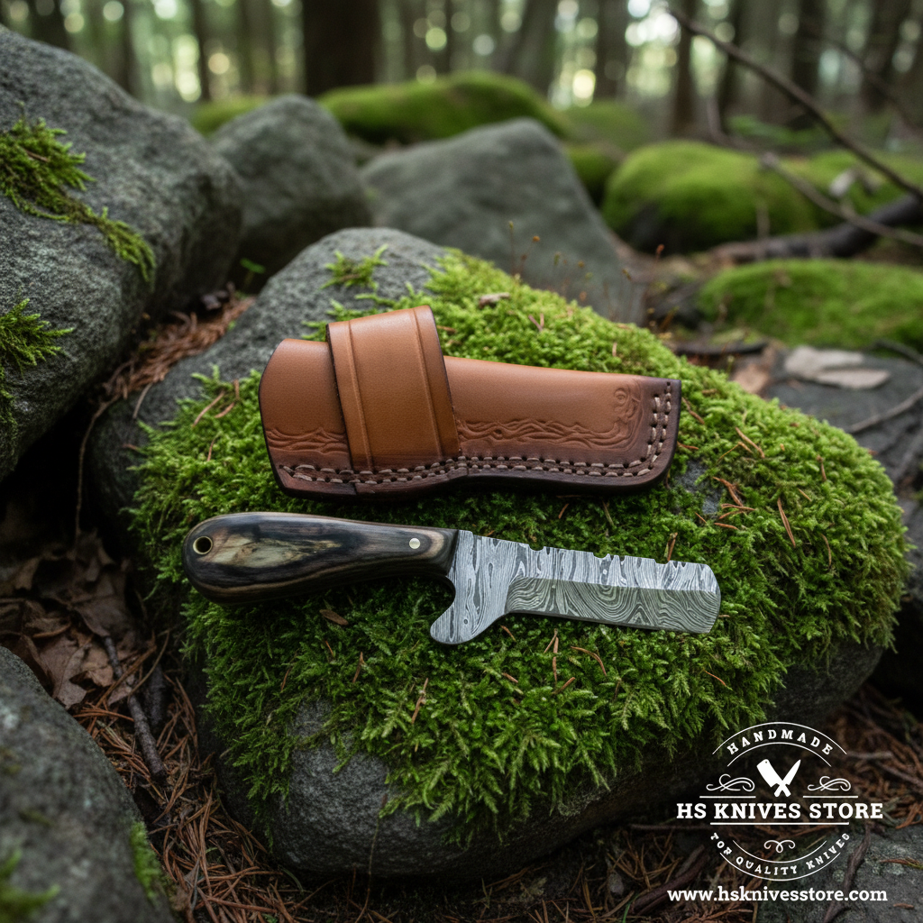 Damascus bull cutter cowboy knife with pakkawood handle and leather sheath placed on mossy rocks in forest outdoor setting