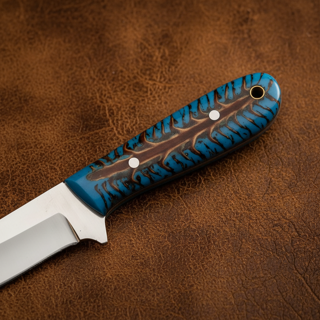 Macro detail of the stabilized turquoise pine cone handle on a full-tang D2 steel cowboy knife