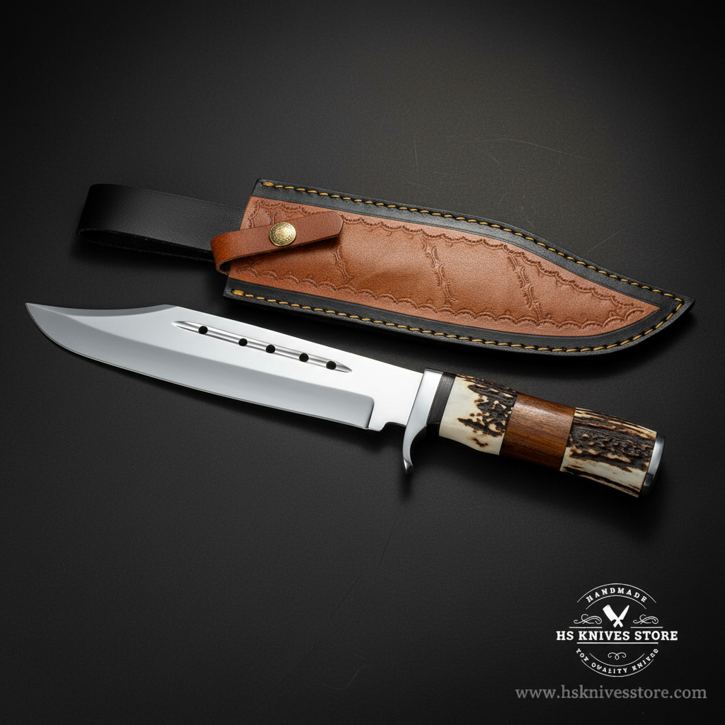 D2 steel Bowie knife with stag horn wood handle and two-tone leather sheath mirror view on dark charcoal background