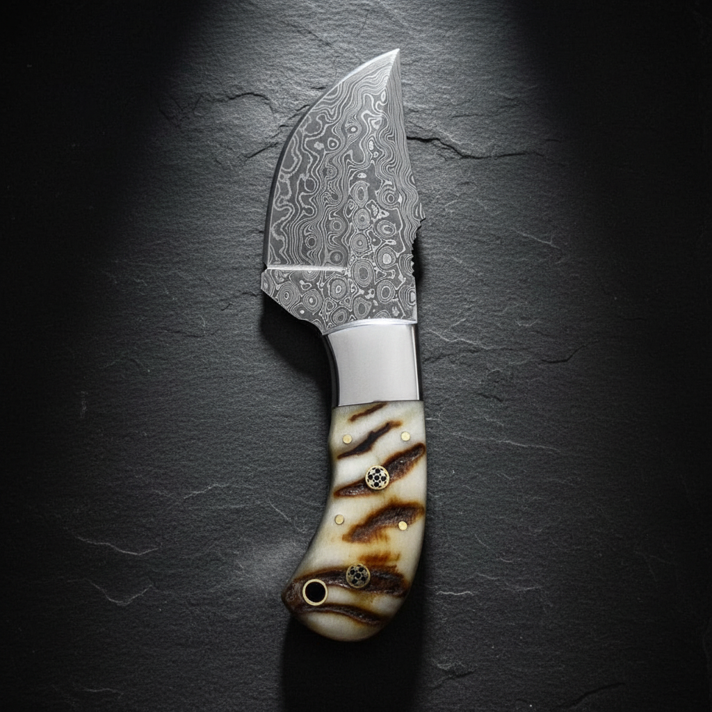Damascus skinner knife vertical shot on dark slate background blade pointing up