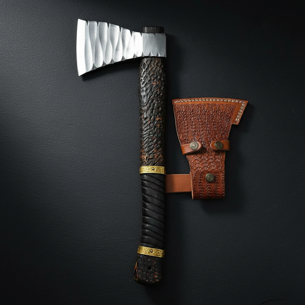Viking axe vertical luxury shot dark slate background handle pointing up premium presentation