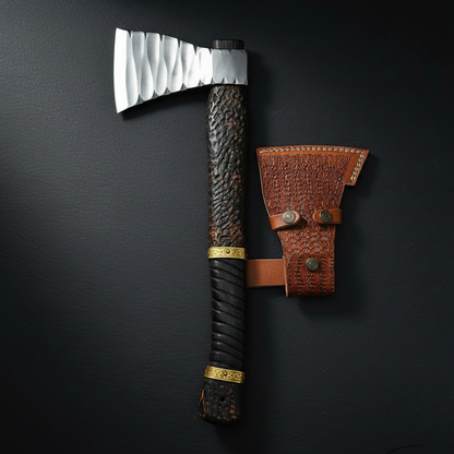 Viking axe vertical luxury shot dark slate background handle pointing up premium presentation