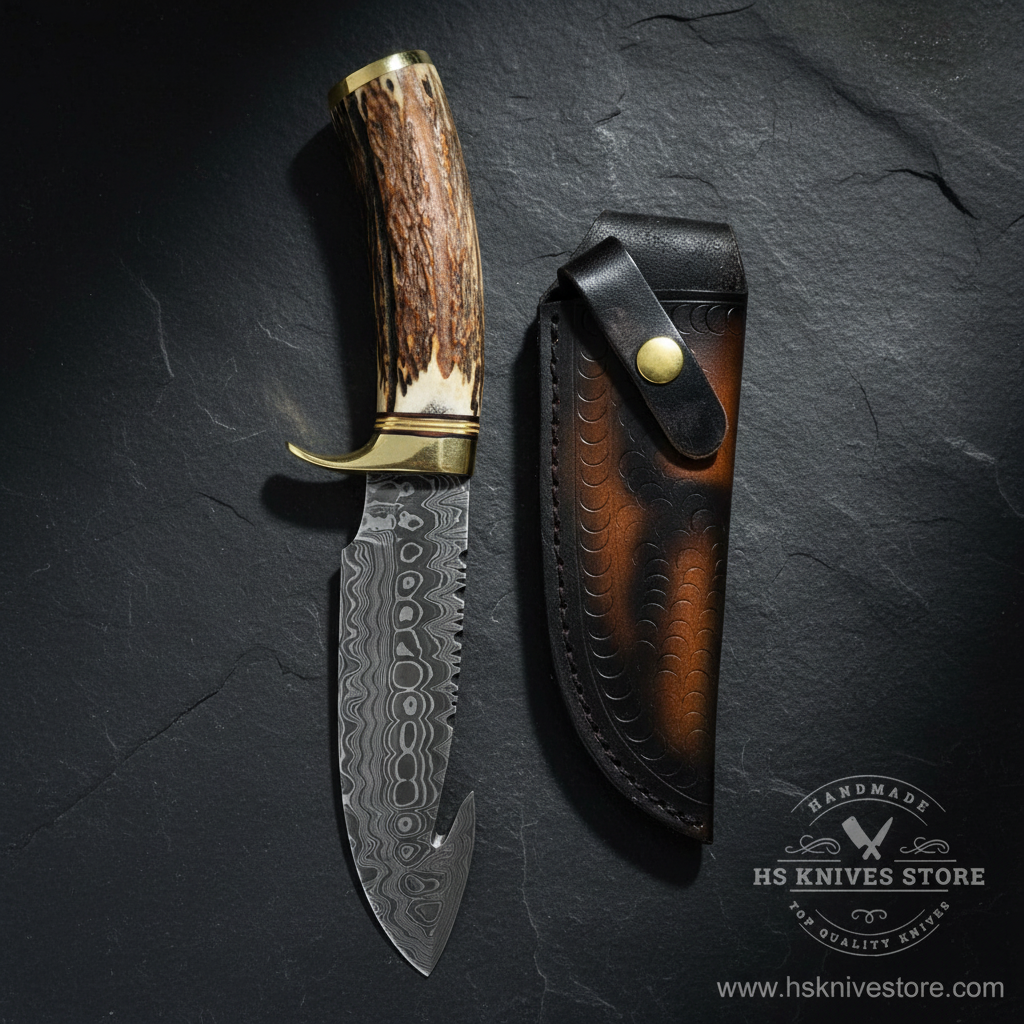 Vertical luxury shot of Damascus steel gut hook hunting knife stag antler handle on dark slate background with dark black leather sheath