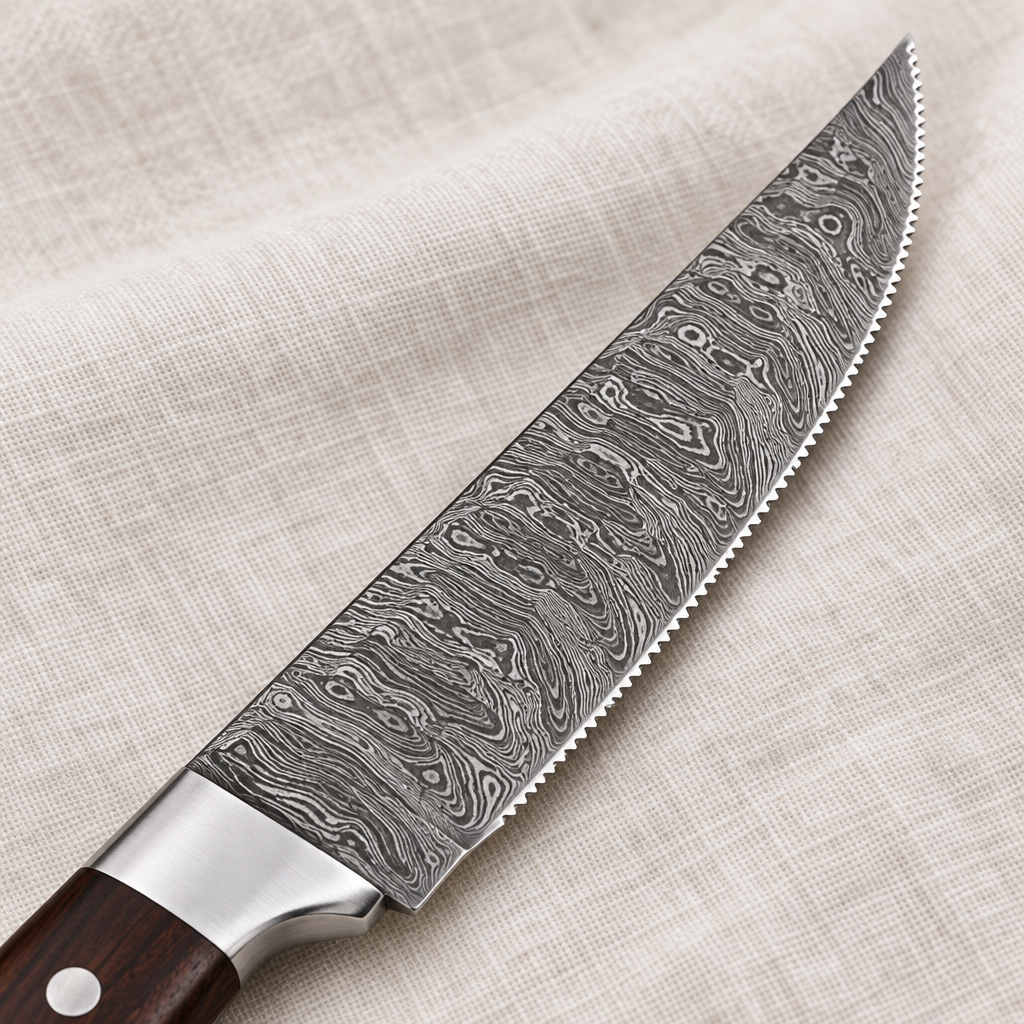 Macro detail of the patterned Damascus blade and fine serrated steak knife edge