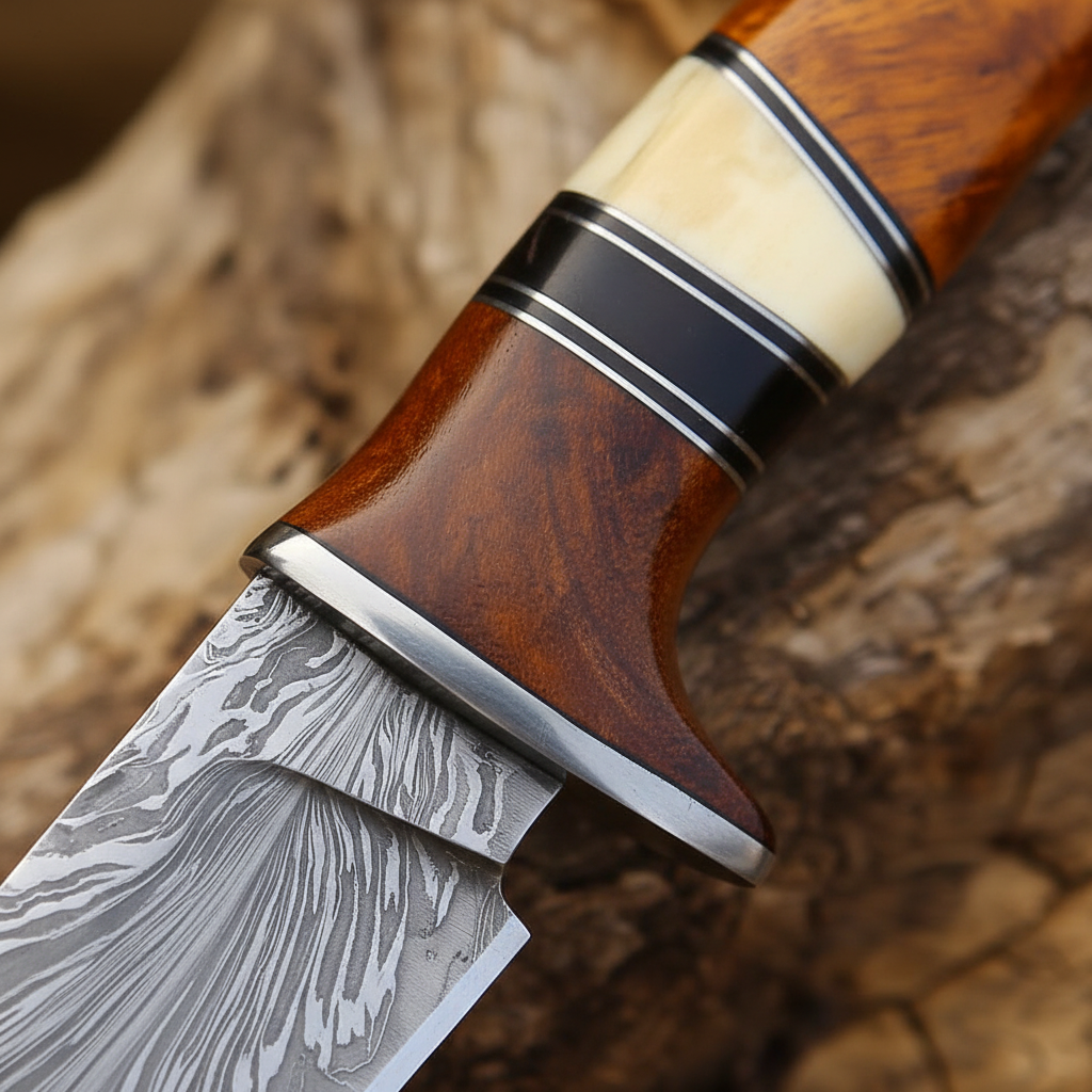 Extreme macro close-up of rosewood handle with bone spacer rings and polished steel bolster on Damascus hunting knife