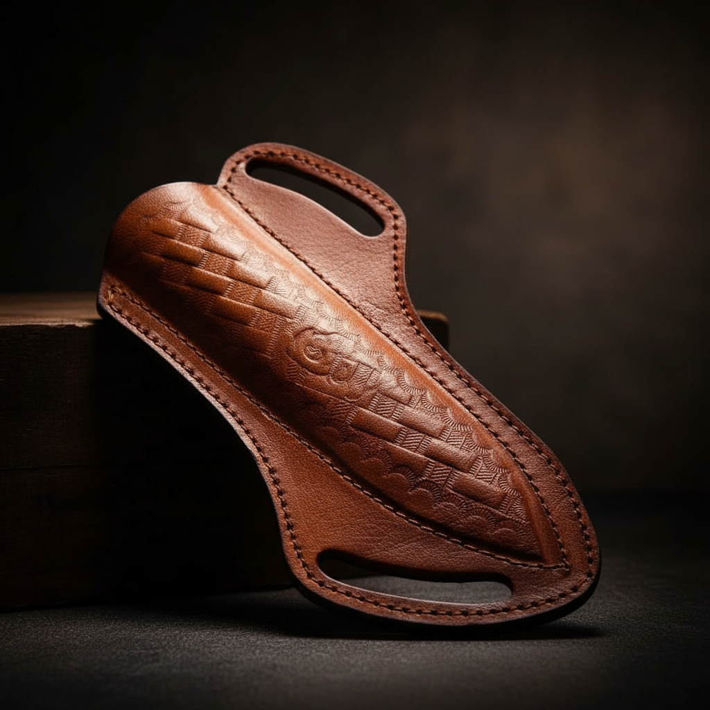 Close-up detail of brown embossed leather crossdraw knife sheath with dual belt loops and decorative embossed pattern intricate leather tooling